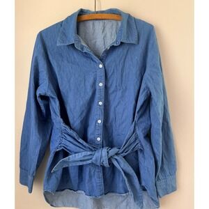 Denim Shirt Dress Blue Button Down Long Sleeve Belted XL Boho Western Coastal